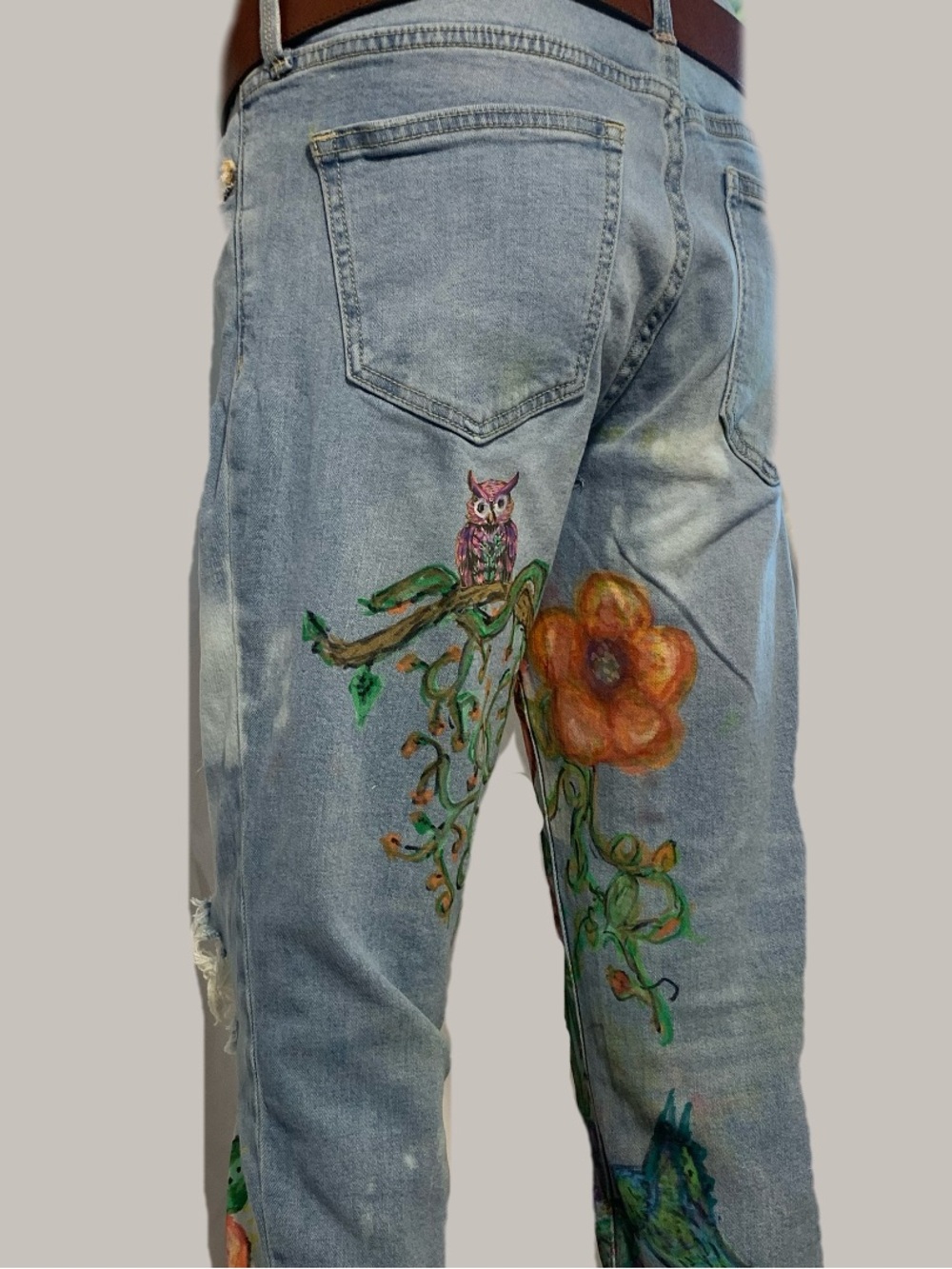 Hand-Painted Floral Light Wash Women's Jeans - Pink & Orange Accents - Picture 8 of 12